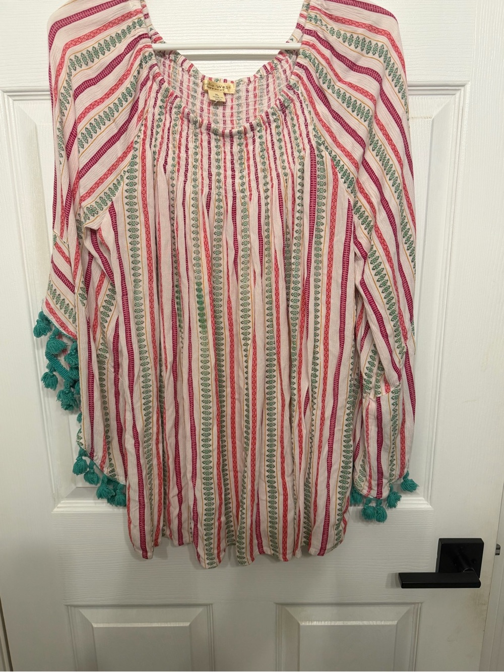 Studio West Cream Tunic with Red Stripes and Teal Tassels #Boho